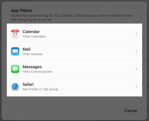 Adding Focus filters on Mac.