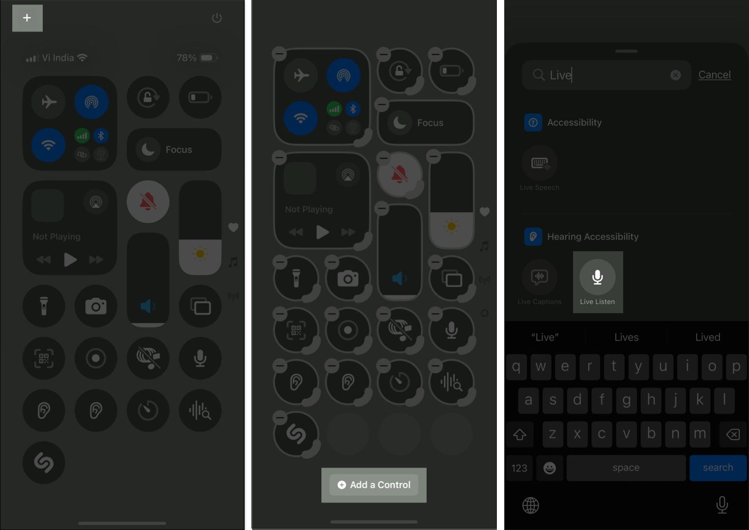 Adding Live Listen control in Control Center on iPhone.