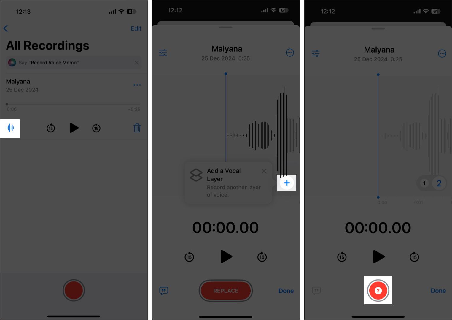 Adding vocal layer to a recording in Voice Memos app on iPhone.