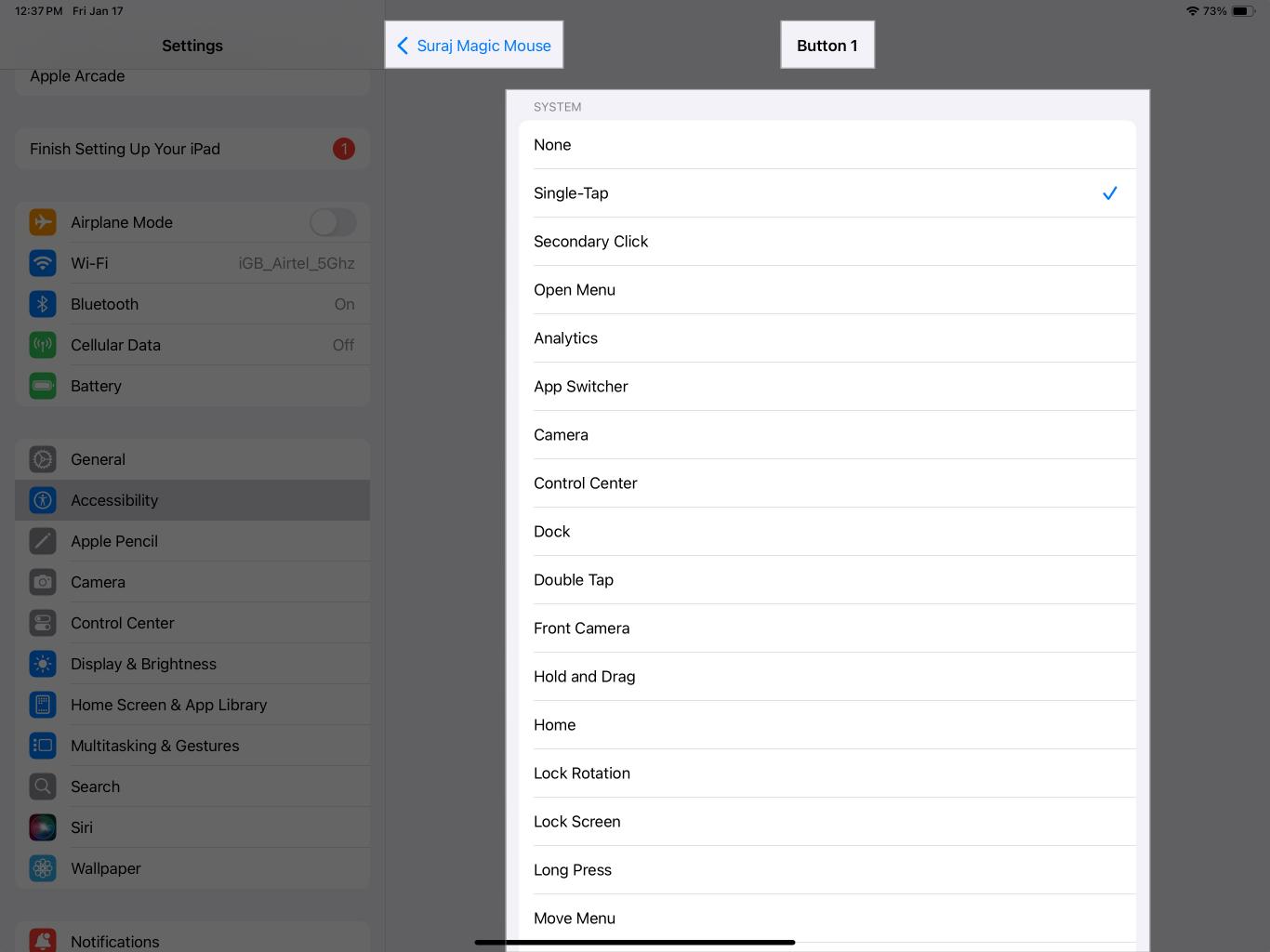 Assigning an action for mouse button in iPadOS Settings app.