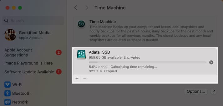 Time Machine backup progress in System Settings.
