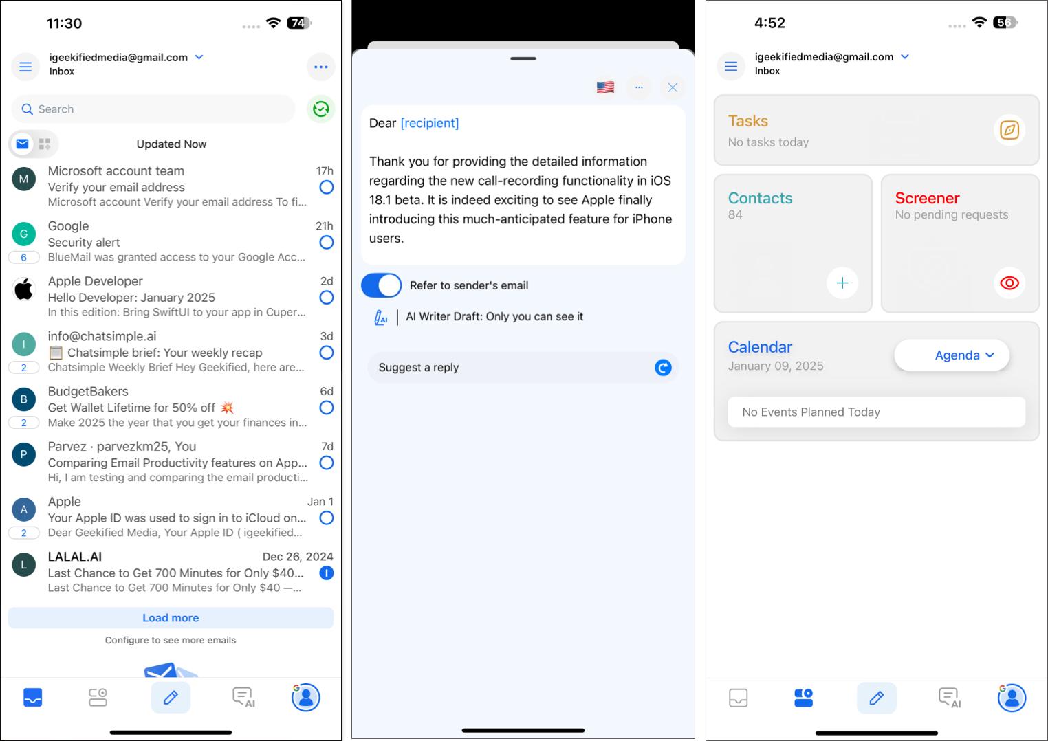 Blue Mail app on an iPhone.