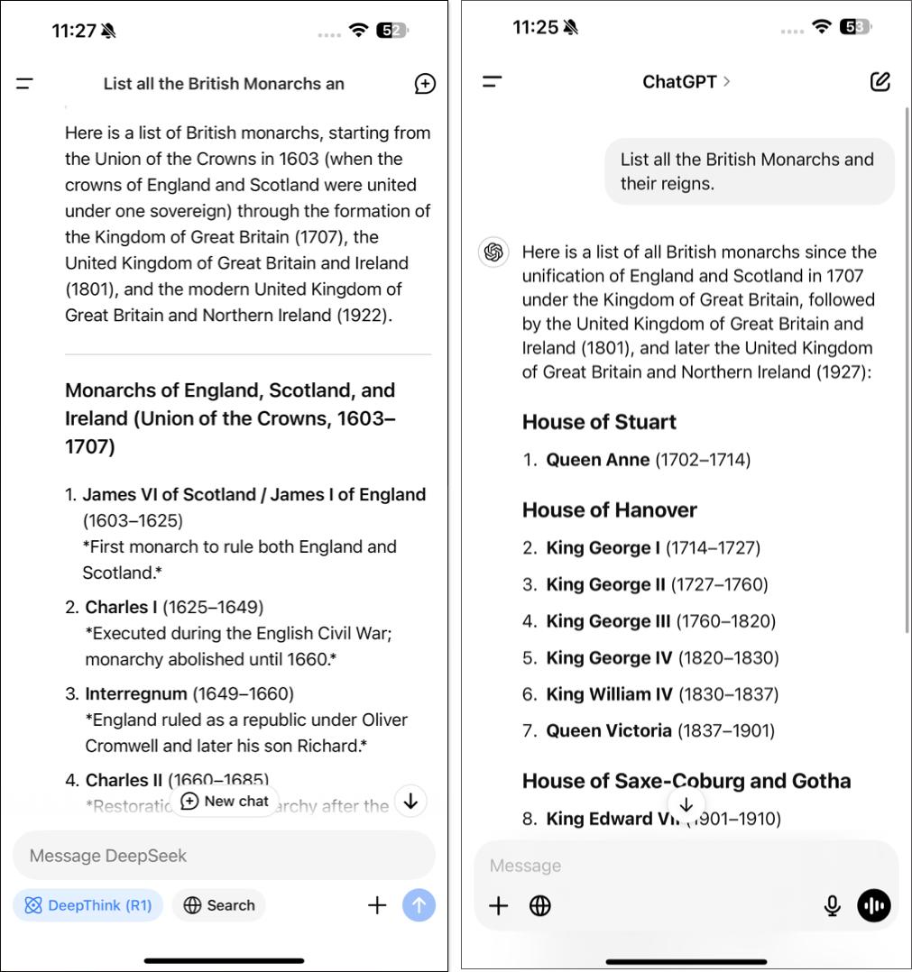 Checking accuracy of DeepSeek and ChatGPT apps on an iPhone.