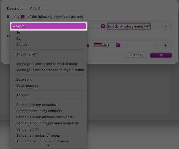 Choose From option to set condition in Mail app.