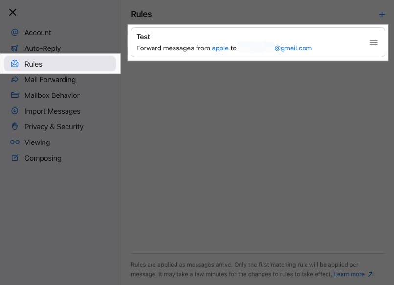 Choosing a Rule in Mail app.