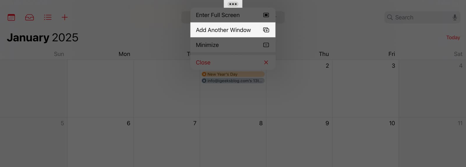 Choosing the Add Another Window option from the three dot menu on an iPad.