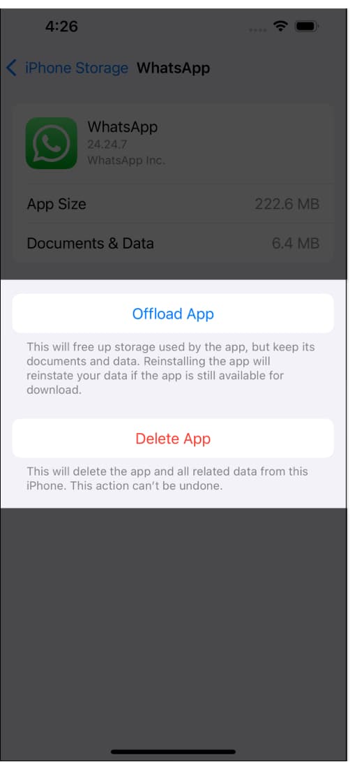 Offload App and Delete App button on an app under iPhone Storage in Settings.