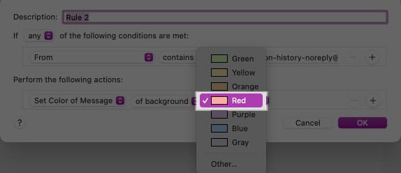 Choosing color to highlight mail on Mac.