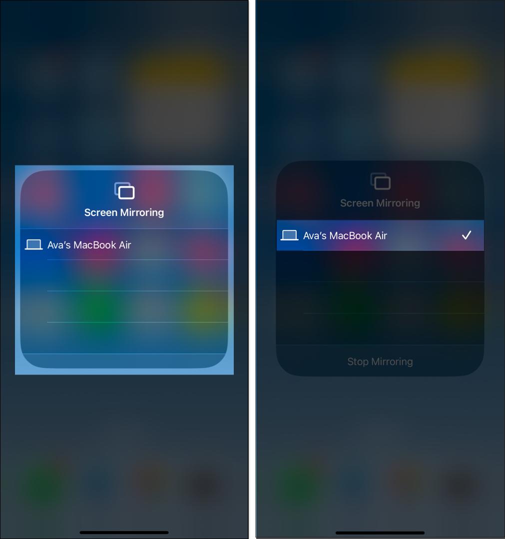Choosing your device to start screen mirroring.