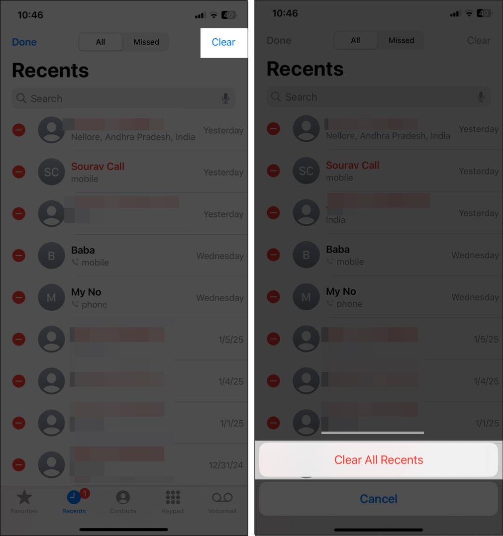 Clearing all Recent calls on an iPhone.