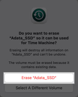 Erase button to confirm you want to erase the disk.