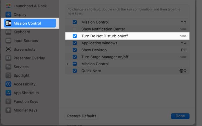Click on the checkbox for Turn Do Not Disturb On/Off in Mission Control tab.