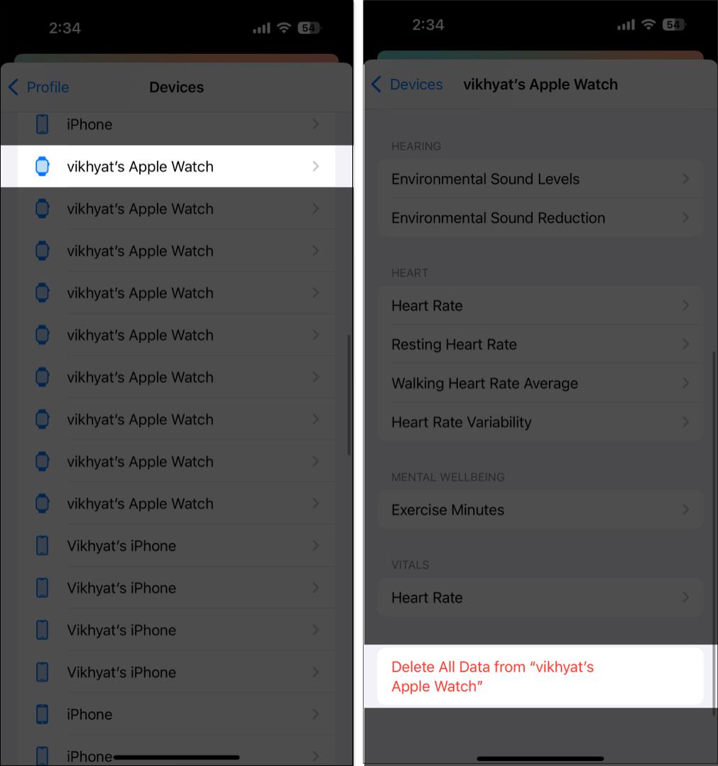 Deleting an Apple Watch's old health data in the Health app on an iPhone.