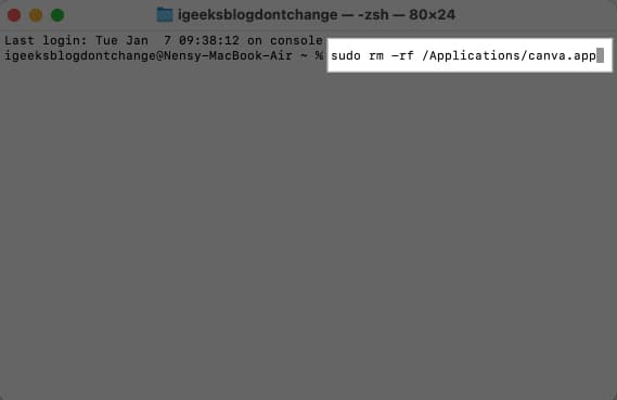 Deleting an app using the Terminal app on a Mac.