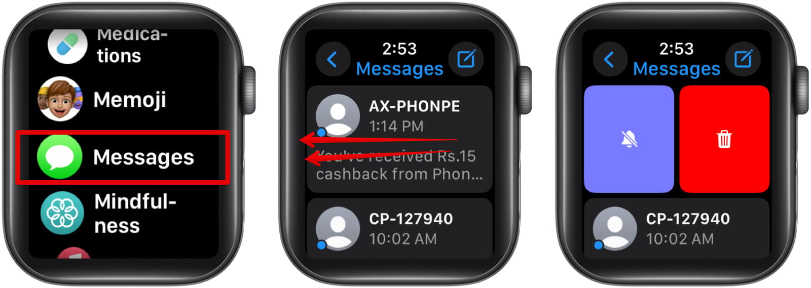 Deleting a conversation in the Messages app on an Apple Watch.