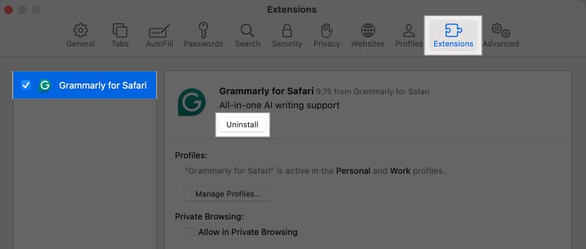 Deleting extension from Extensions tab on Safari settings.
