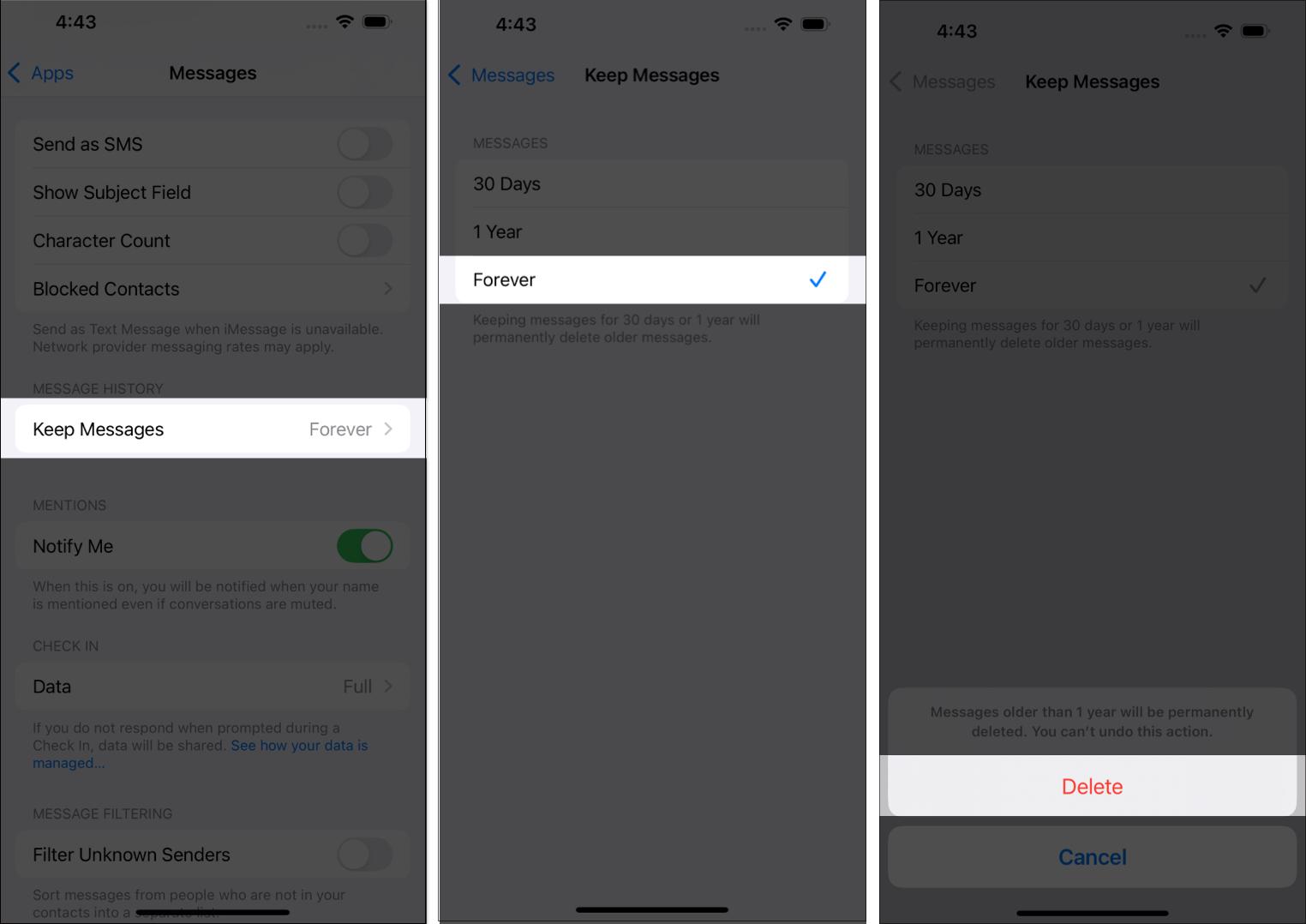 Deleting old messages from the Settings app.