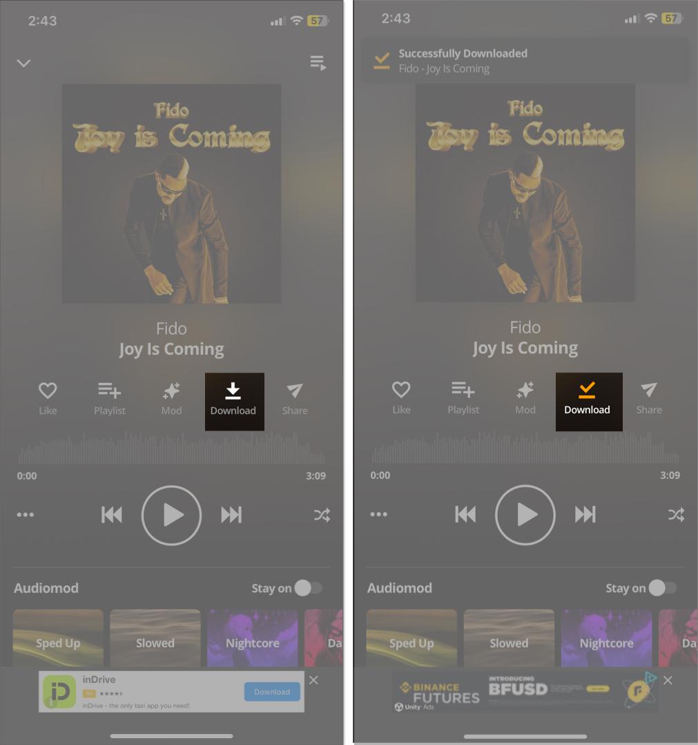 Downloading song for free from Audiomack app on iPhone.
