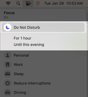 Enabling Do Not Disturb mode from Control Center on Mac.