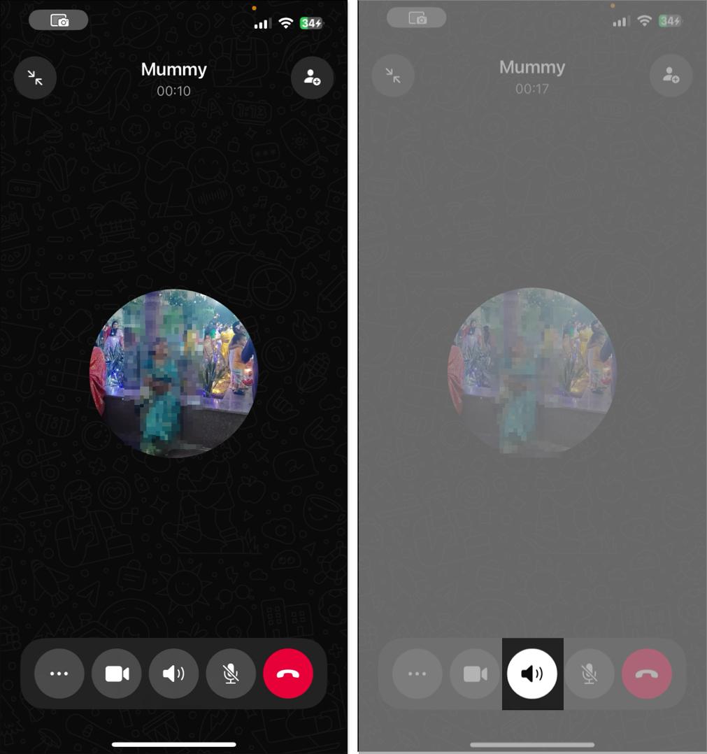 Enabling speaker mode for WhatsApp call on an iPhone.