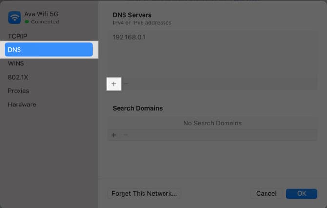 Navigating to DNS tab in WiFi settings page.