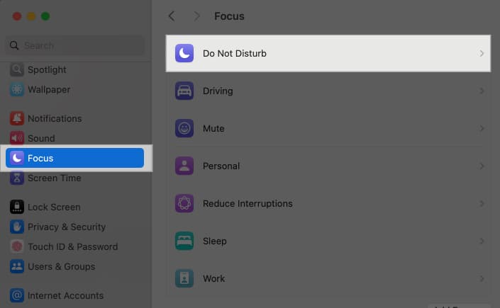Navigating to Do Not Disturb from Focus settings on MacBook.