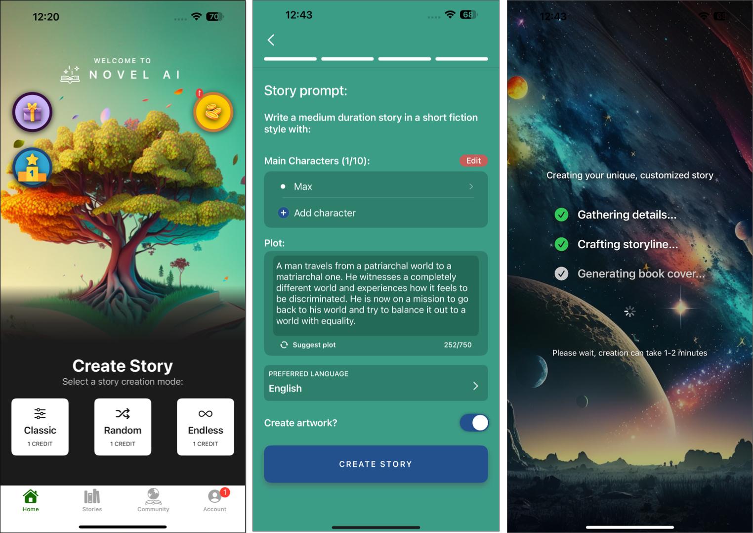 Novel AI: Book Creator app on an iPhone.