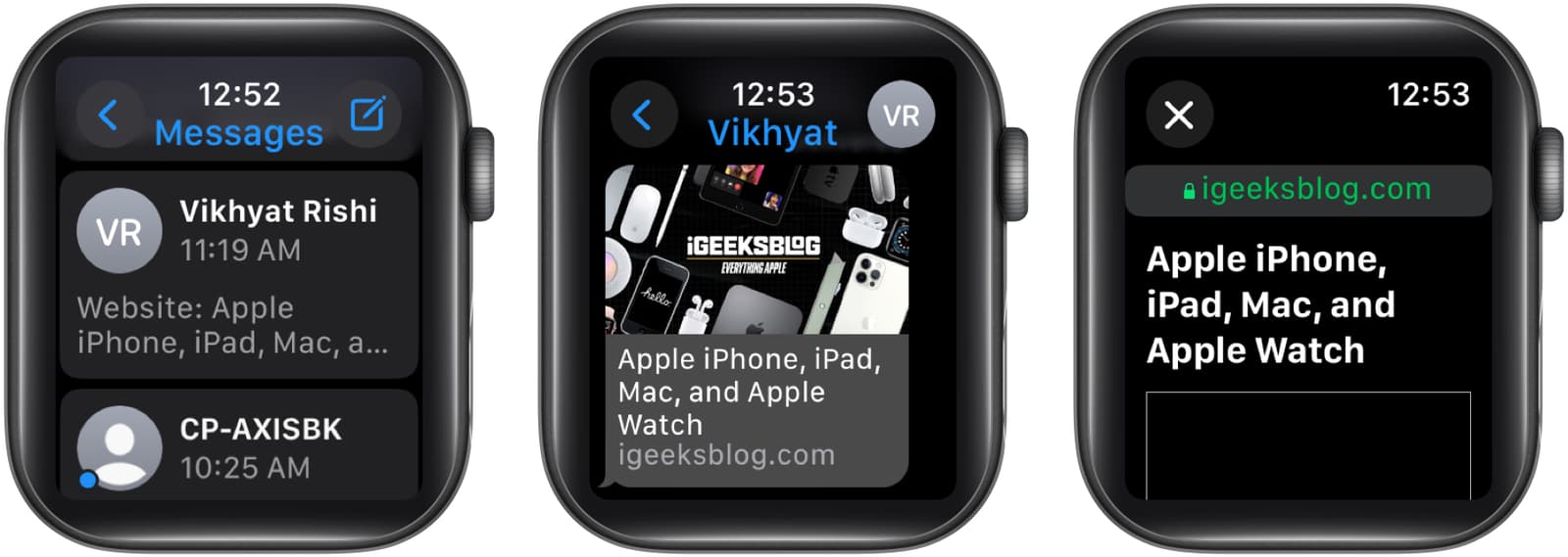 Opening a website link in the Messages app on an Apple Watch.
