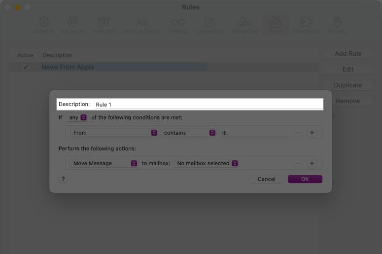 Re-naming rule in the description field.