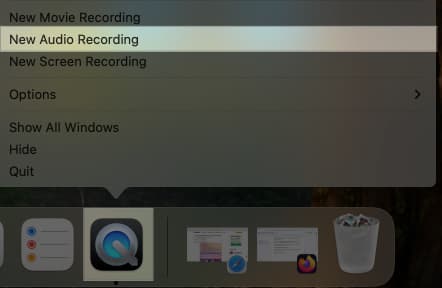 Choosing the New Audio Recording option for the QuickTime Player app on a Mac.