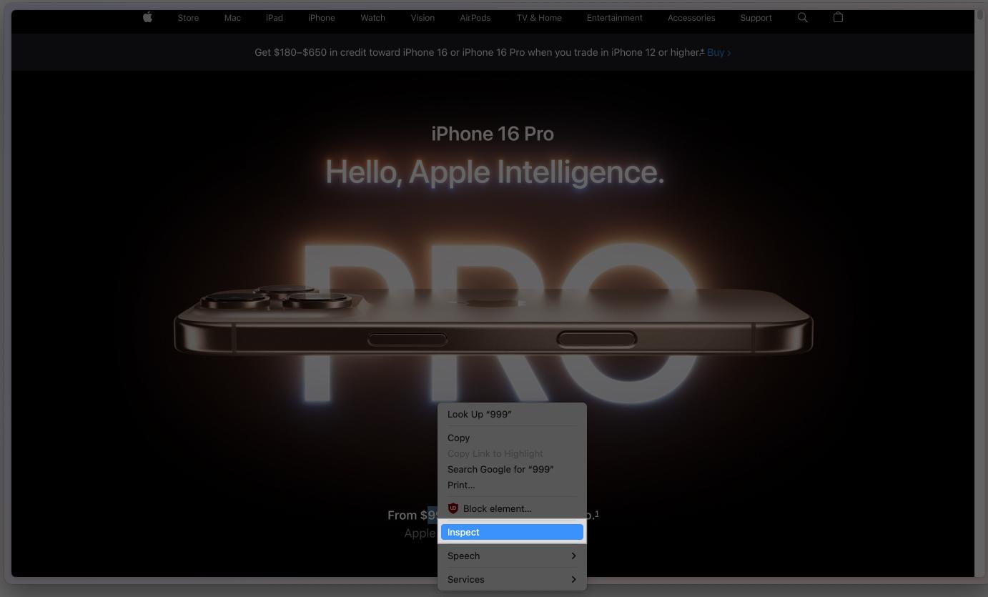 Accessing Inspect option in Chrome on a Mac.