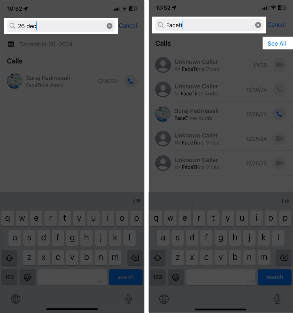 Searching call by entering date or call type in the search bar on the Phone app.
