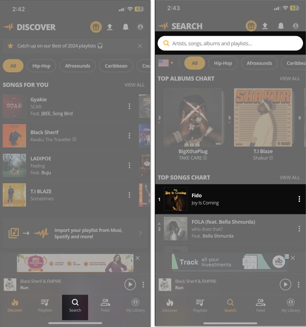Searching for the song in Audiomack app on iPhone.