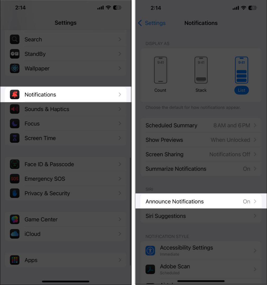 Select Announce Notification from the Notification settings on iPhone.