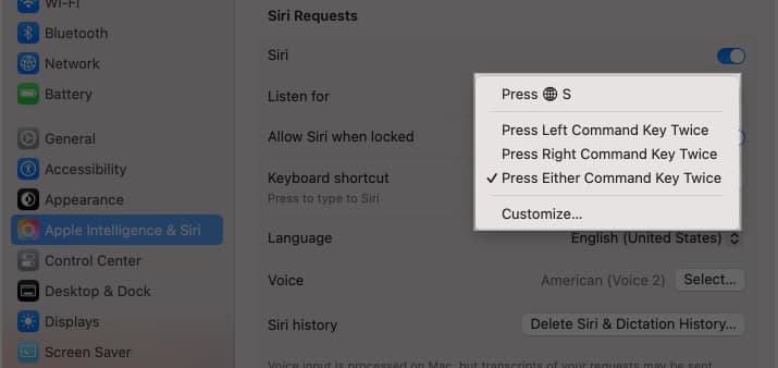 Select a Keyboard Shortcut to access Type to Siri on a Mac.