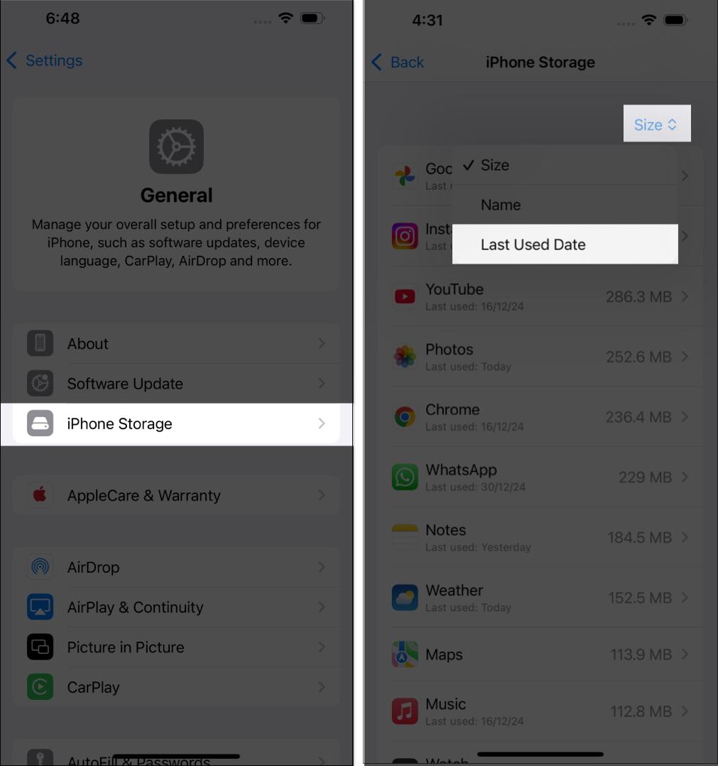 Sorting apps under iPhone Storage by by the Last Used Date filter.