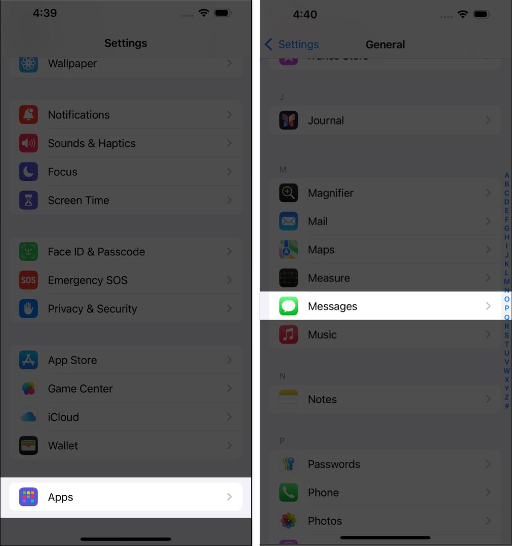 Accessing Messages under Apps in iPhone Settings app.