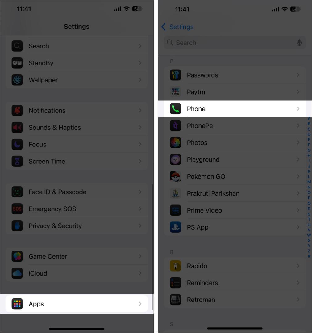 Selecting Phone from the Apps page in iOS Settings on an iPhone.