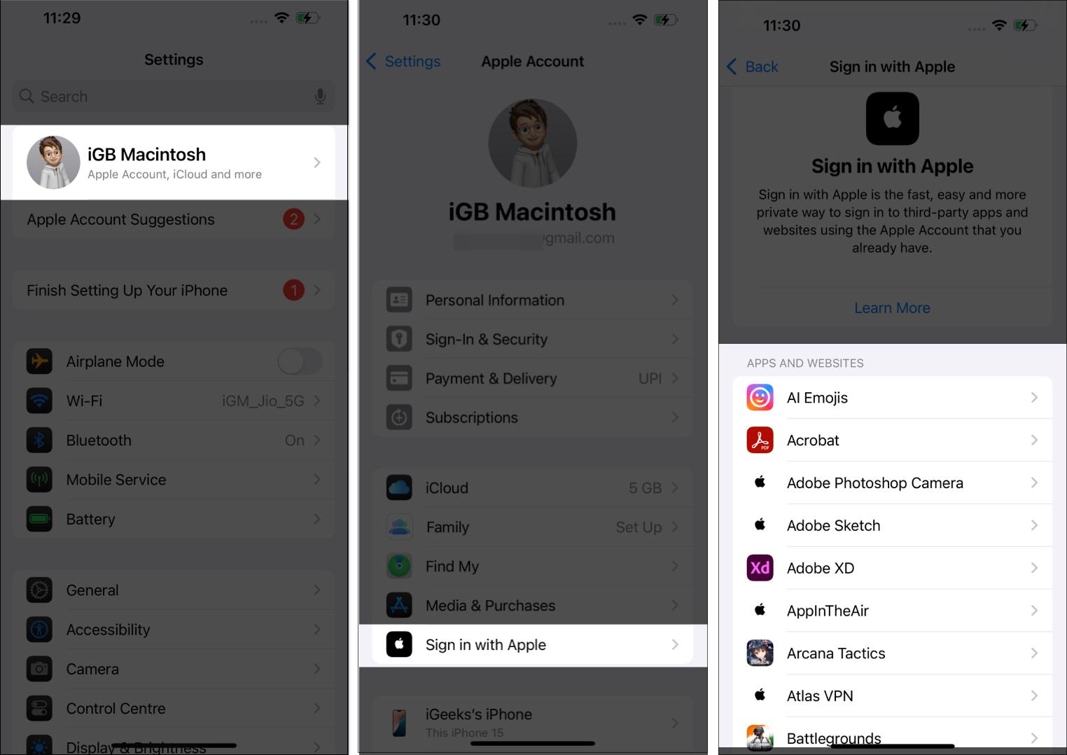Checking all apps and websites with access to Apple ID on an iPhone.