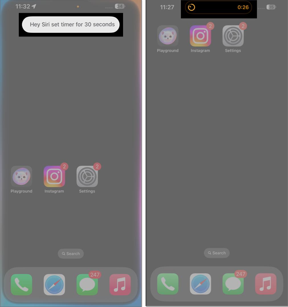 Setting a 30 seconds timer on an iPhone using offline Siri.