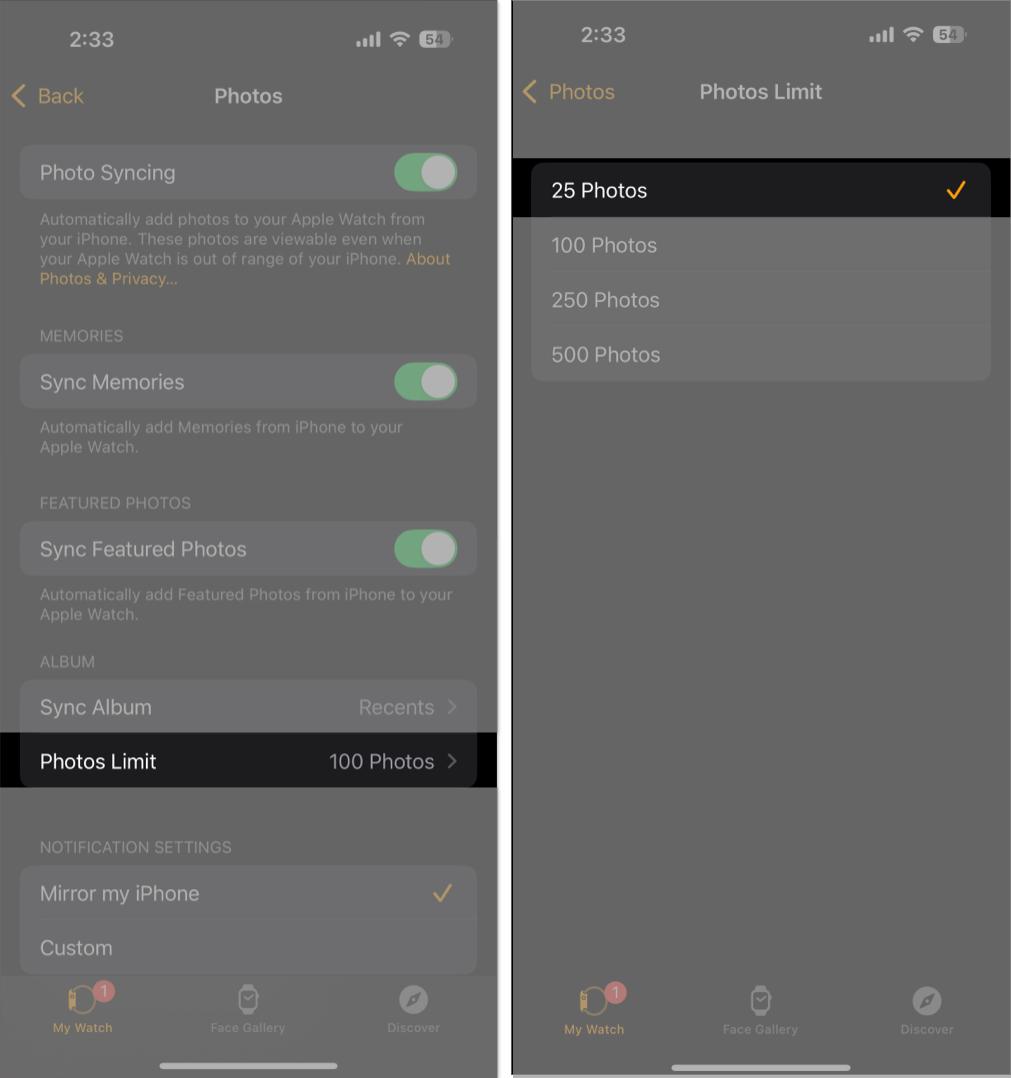 Setting Photo Limit to 25 photos in the Watch app.