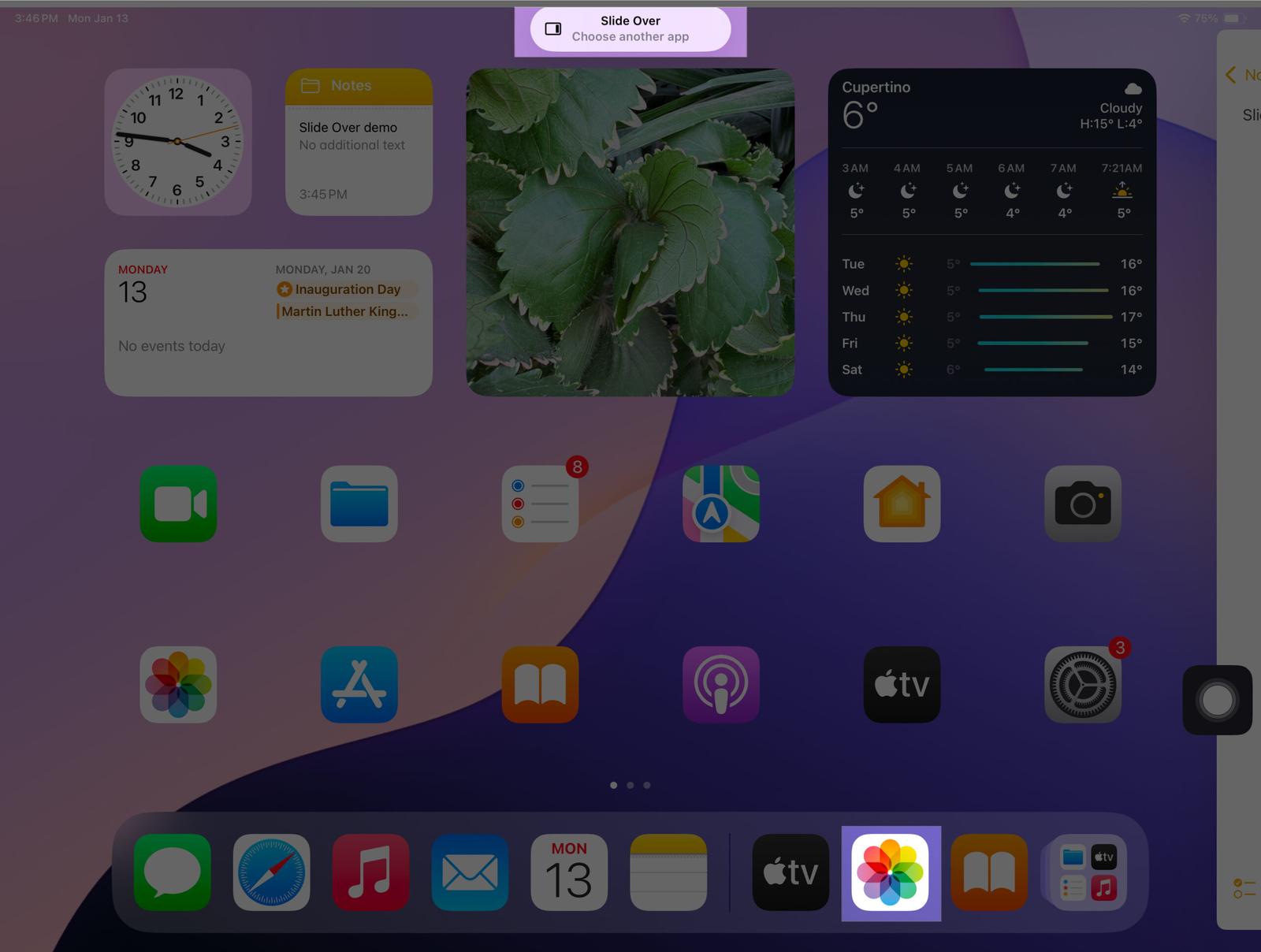 Slide Over mode prompting to open the second app.