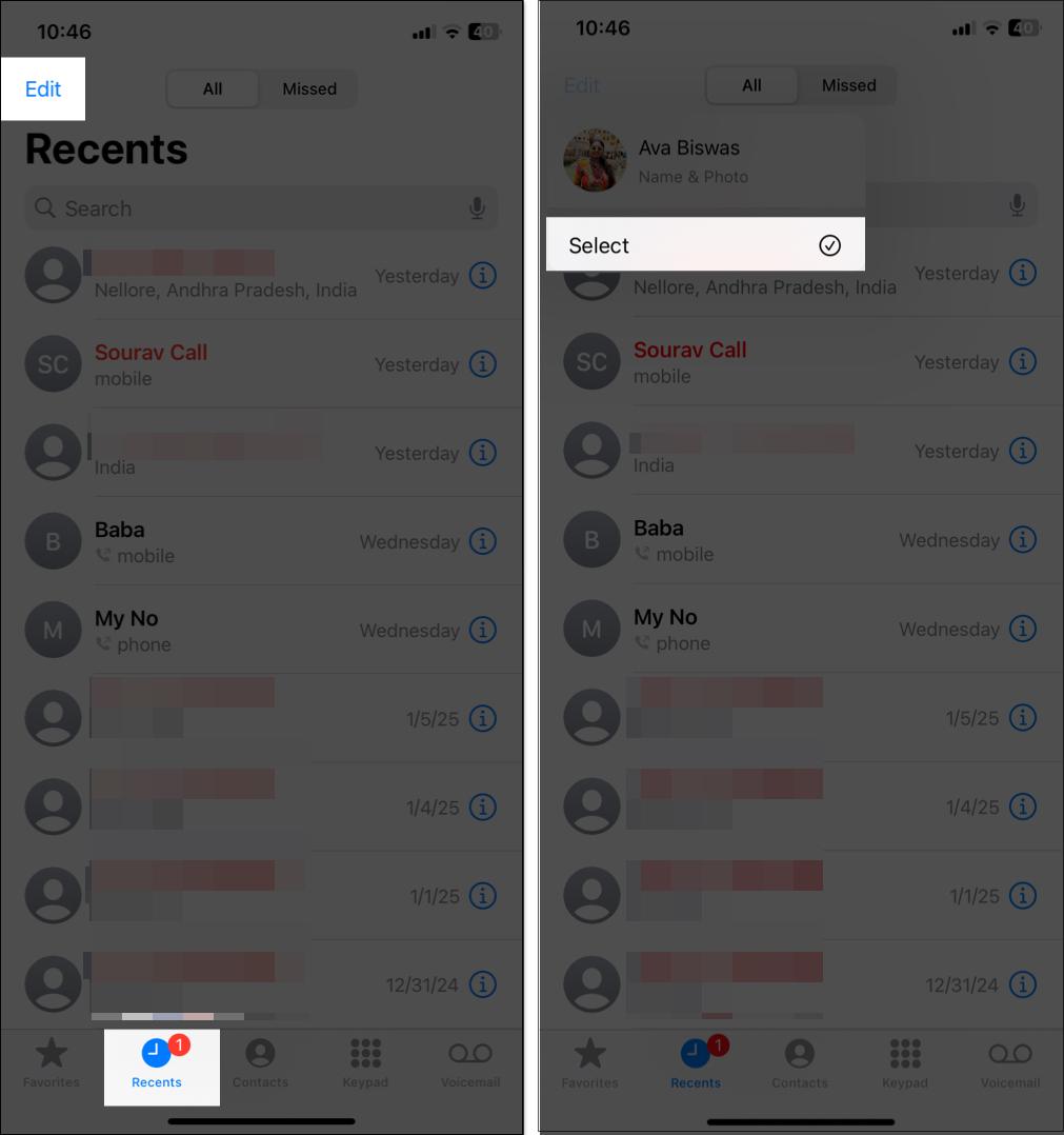 Selecting multiple calls in the Phone app for deletion.