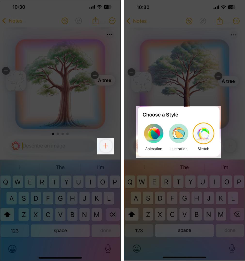 Accessing and choosing Image Wand image styles in Notes.