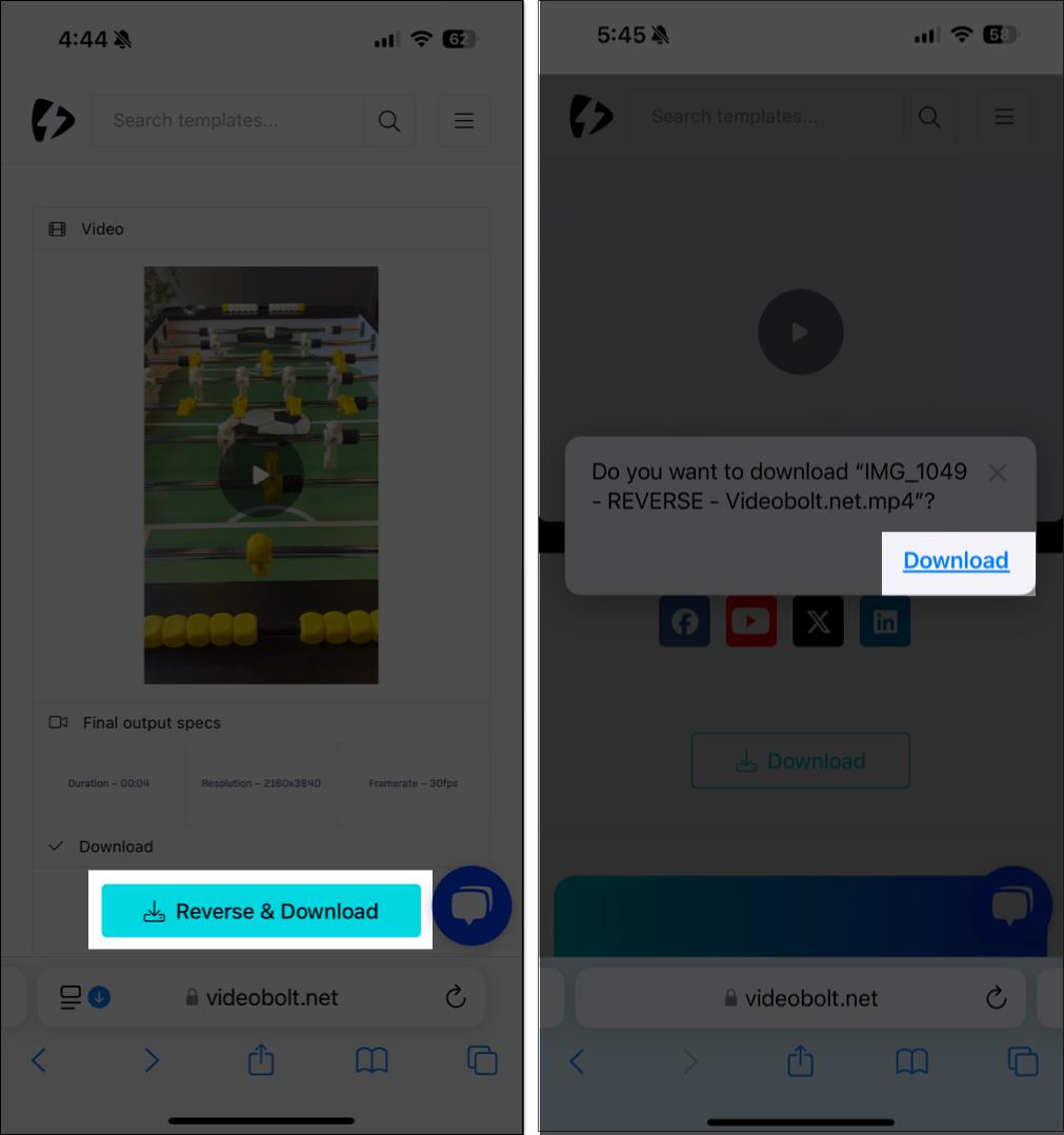 Reversing a video and downloading it using the Videobolt website.
