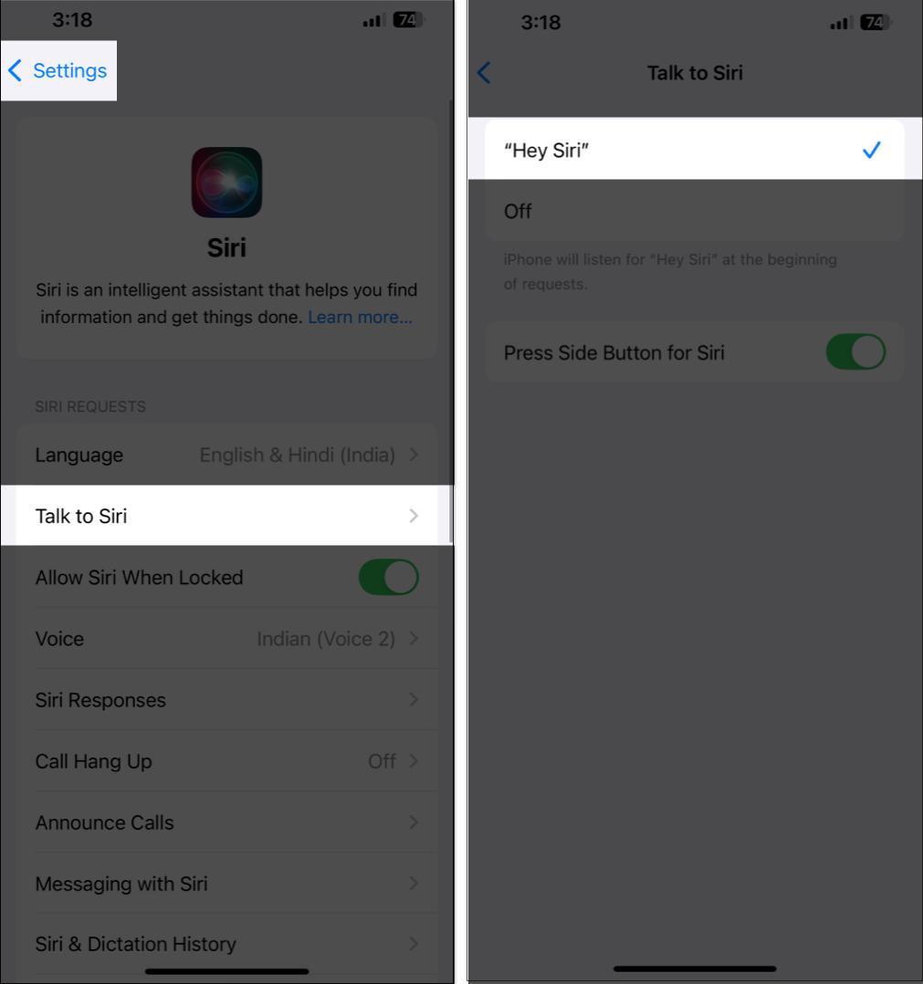 Selecting Hey Siri under Talk to Siri on the iPhone Settings app.