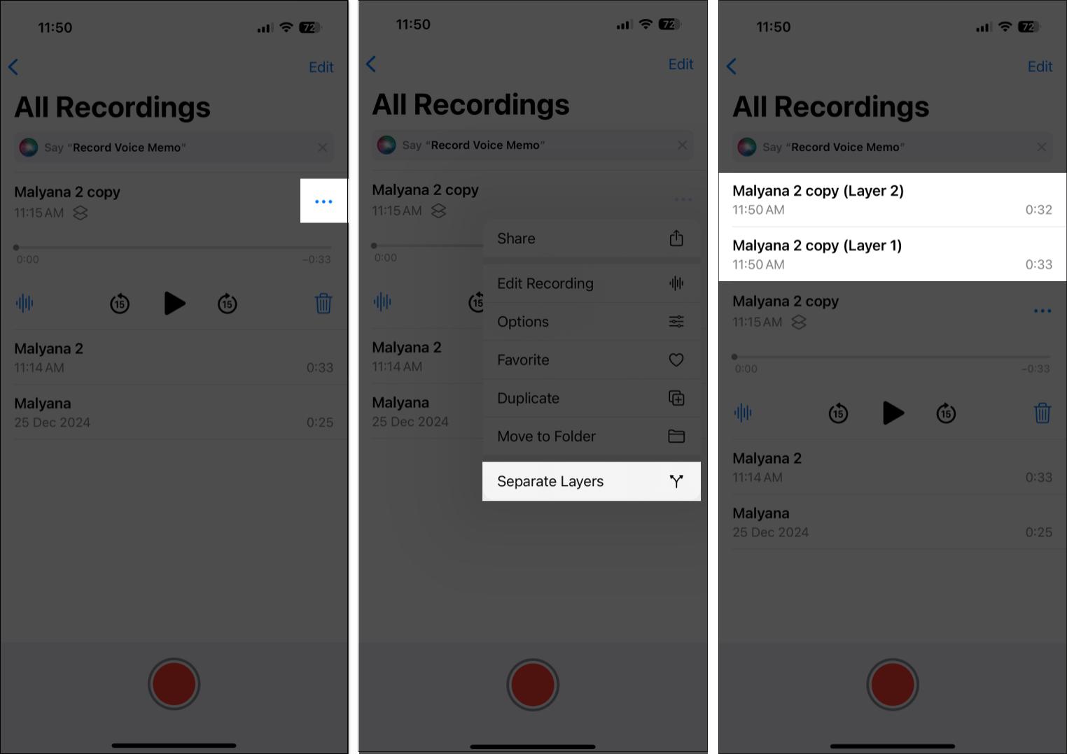 Tap on the three horizontal dots and select Seperate Layers from the drop down menu in Voice Memo app.