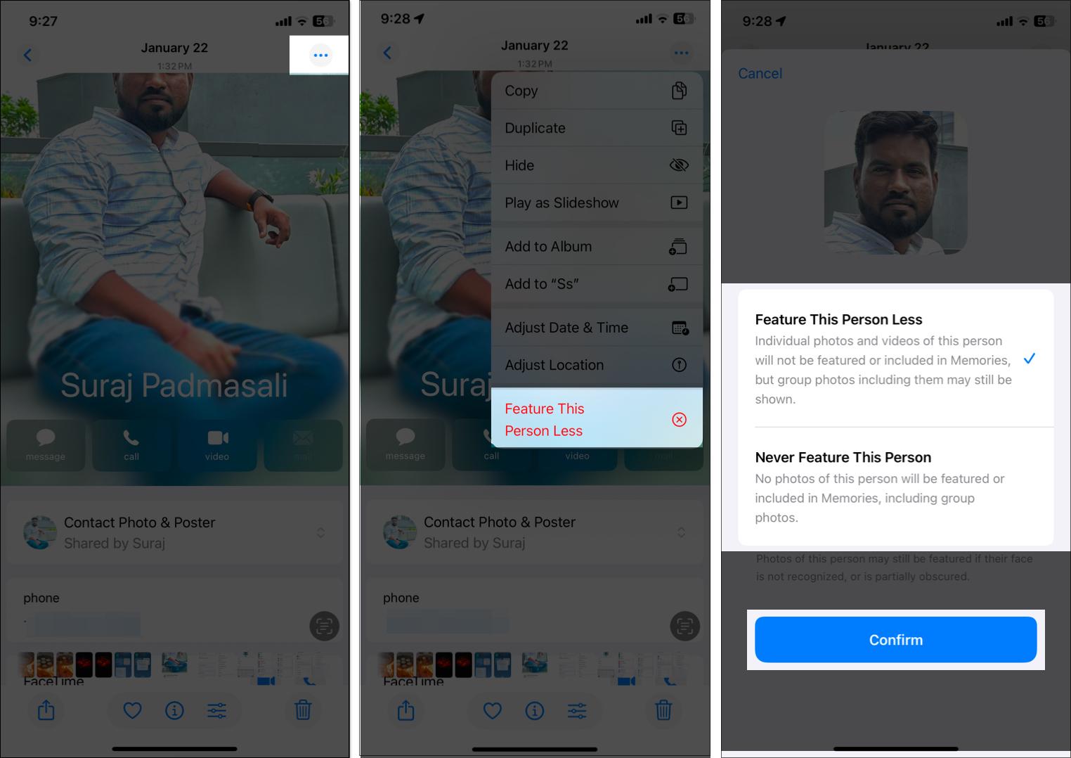 Tap on three dot icon and select Feature This Person Less from drop down.