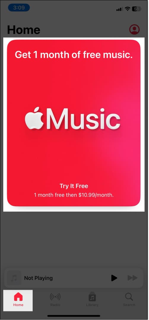 Tap on Try It Free banner on Apple music app on iPhone.