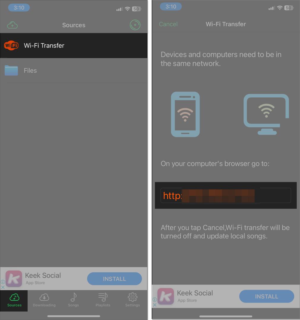 Tap on WiFi Transfer in Cloud Music Player app on iPhone.